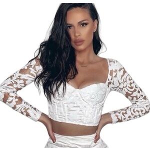 Naked Wardrobe White Sequined Lace Bustier Crop Top XS NWOT 🤍